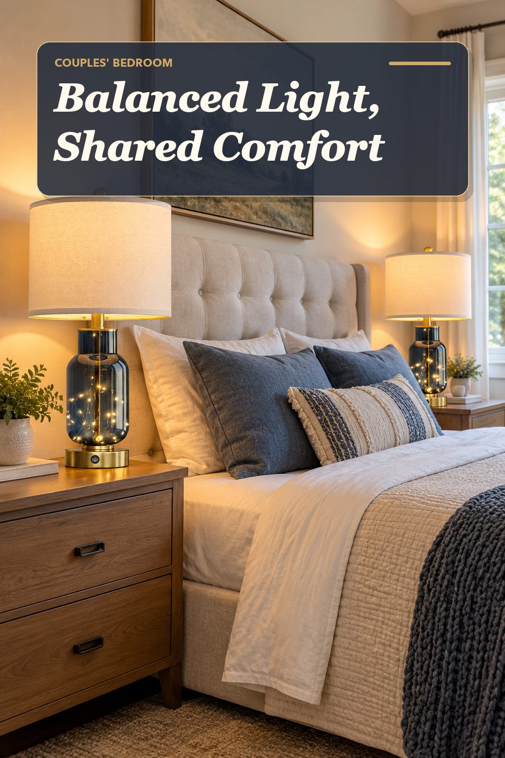 A bedside lamp pair used in a calm shared bedroom with soft natural light and practical everyday styling.