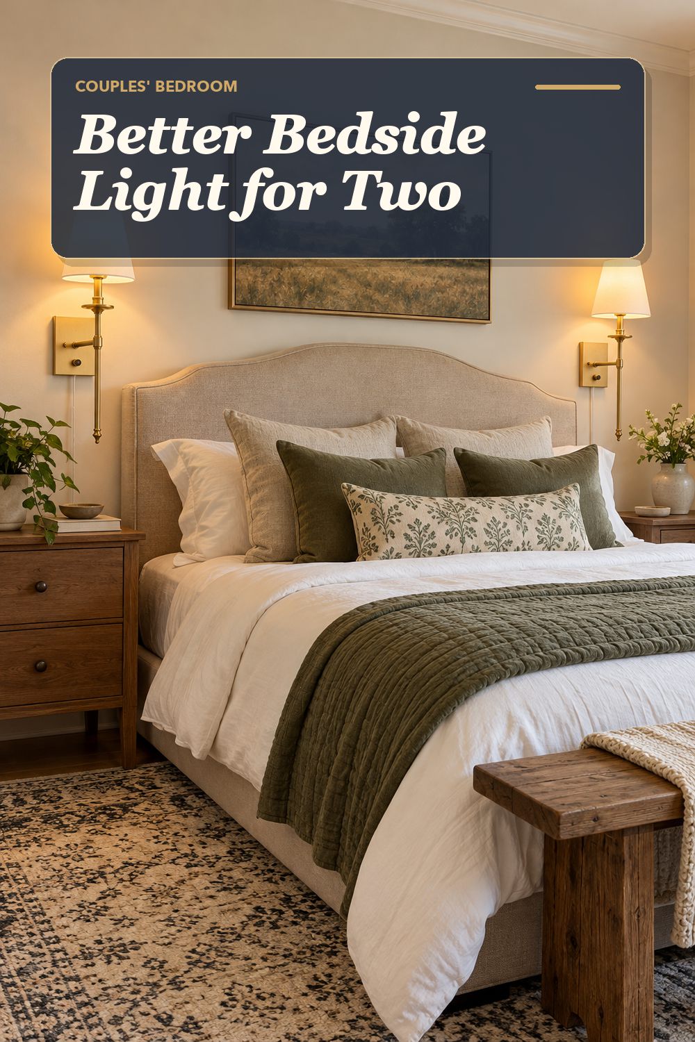 A bedside wall sconce pair used in a calm shared bedroom with soft natural light and practical everyday styling.