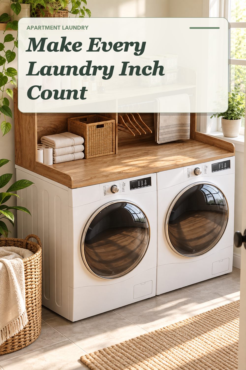 A washer-dryer countertop used in a compact apartment laundry area with soft natural light and practical everyday styling.