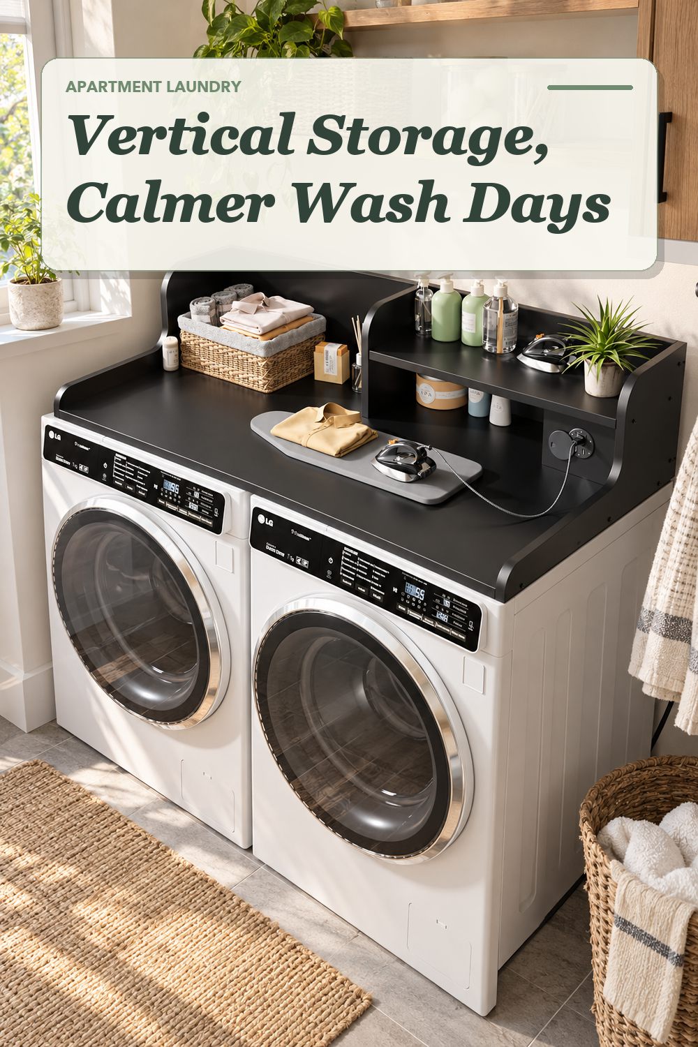 A washer-dryer countertop used in a compact apartment laundry area with soft natural light and practical everyday styling.