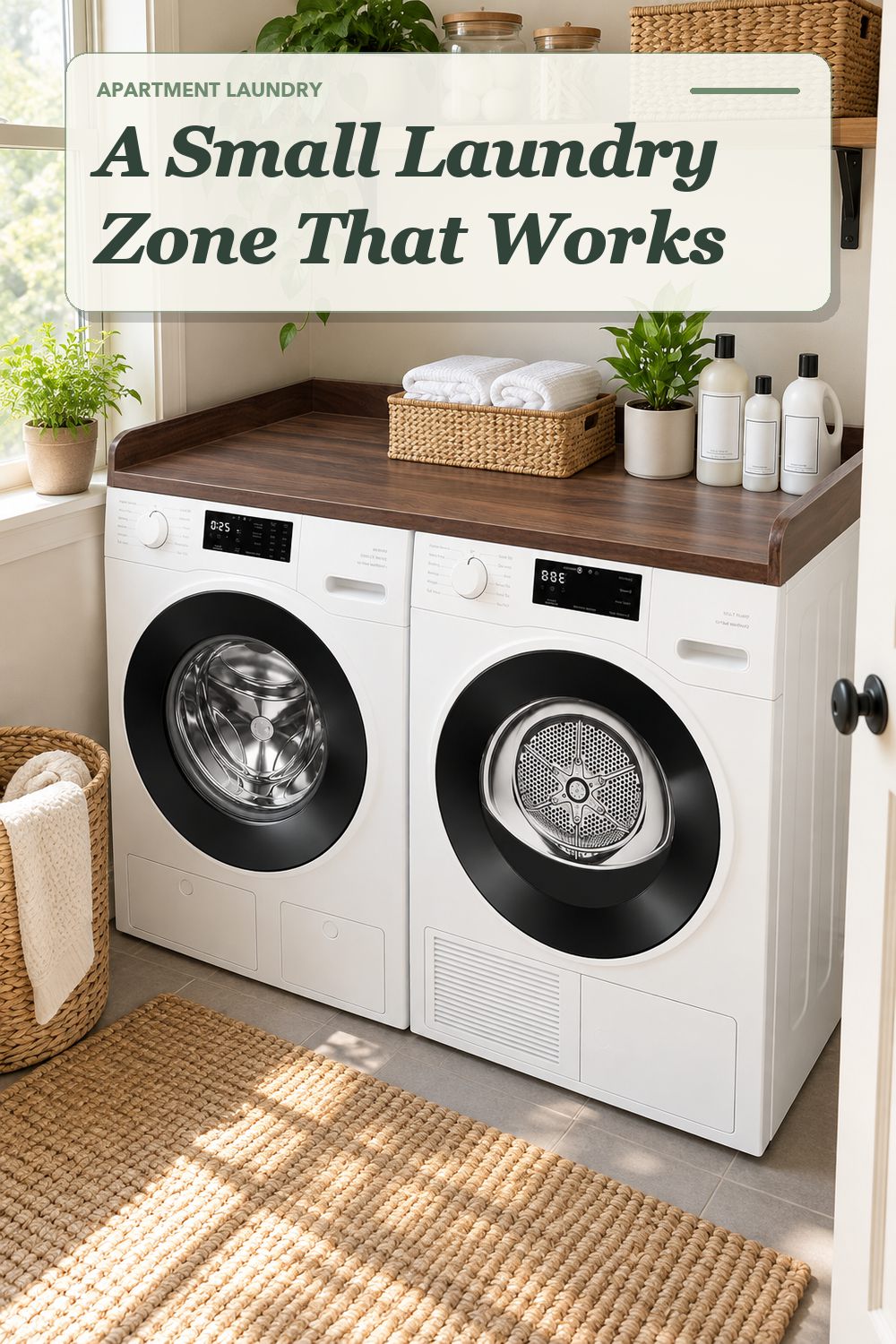A washer-dryer countertop used in a compact apartment laundry area with soft natural light and practical everyday styling.