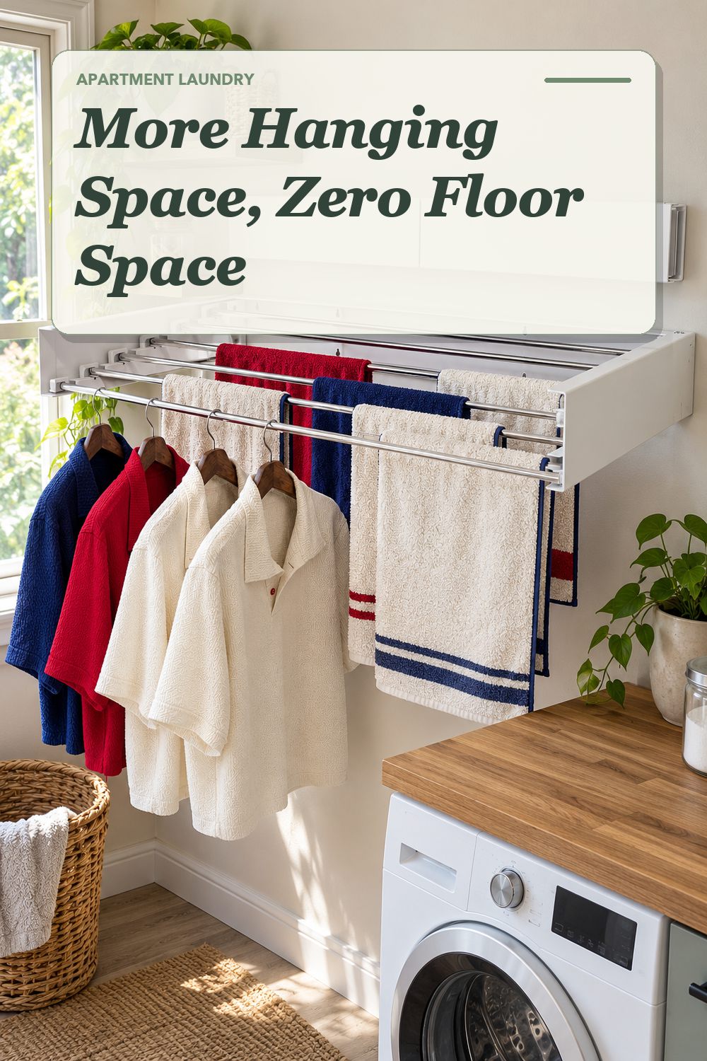 A wall-mounted drying rack used in a compact apartment laundry area with soft natural light and practical everyday styling.