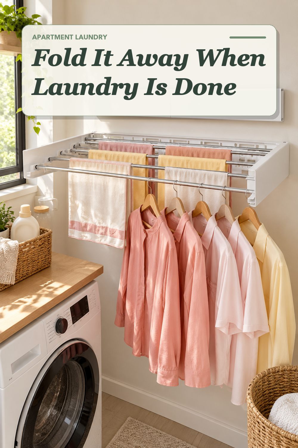 A wall-mounted drying rack used in a compact apartment laundry area with soft natural light and practical everyday styling.