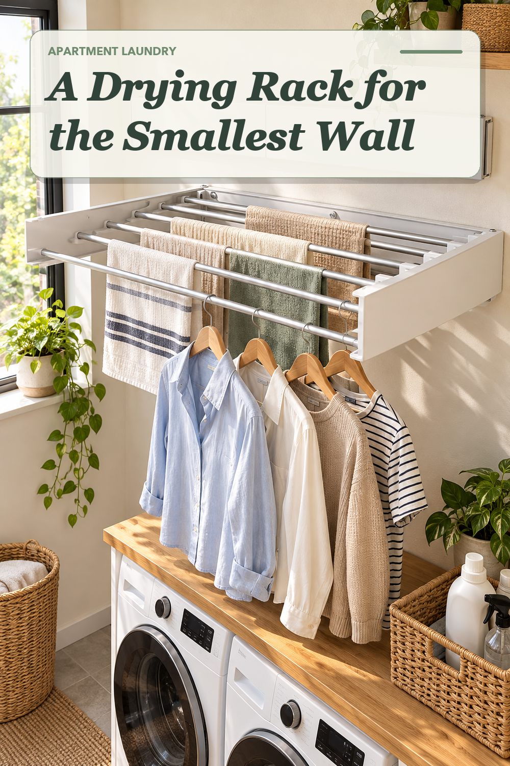 A wall-mounted drying rack used in a compact apartment laundry area with soft natural light and practical everyday styling.
