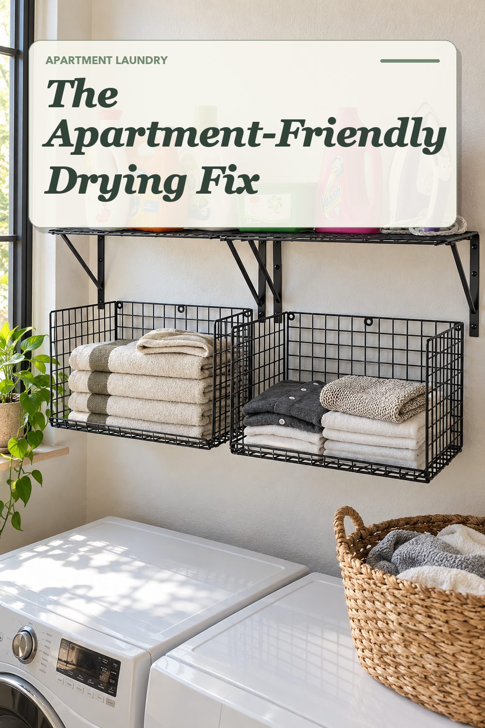 A wall-mounted drying rack used in a compact apartment laundry area with soft natural light and practical everyday styling.