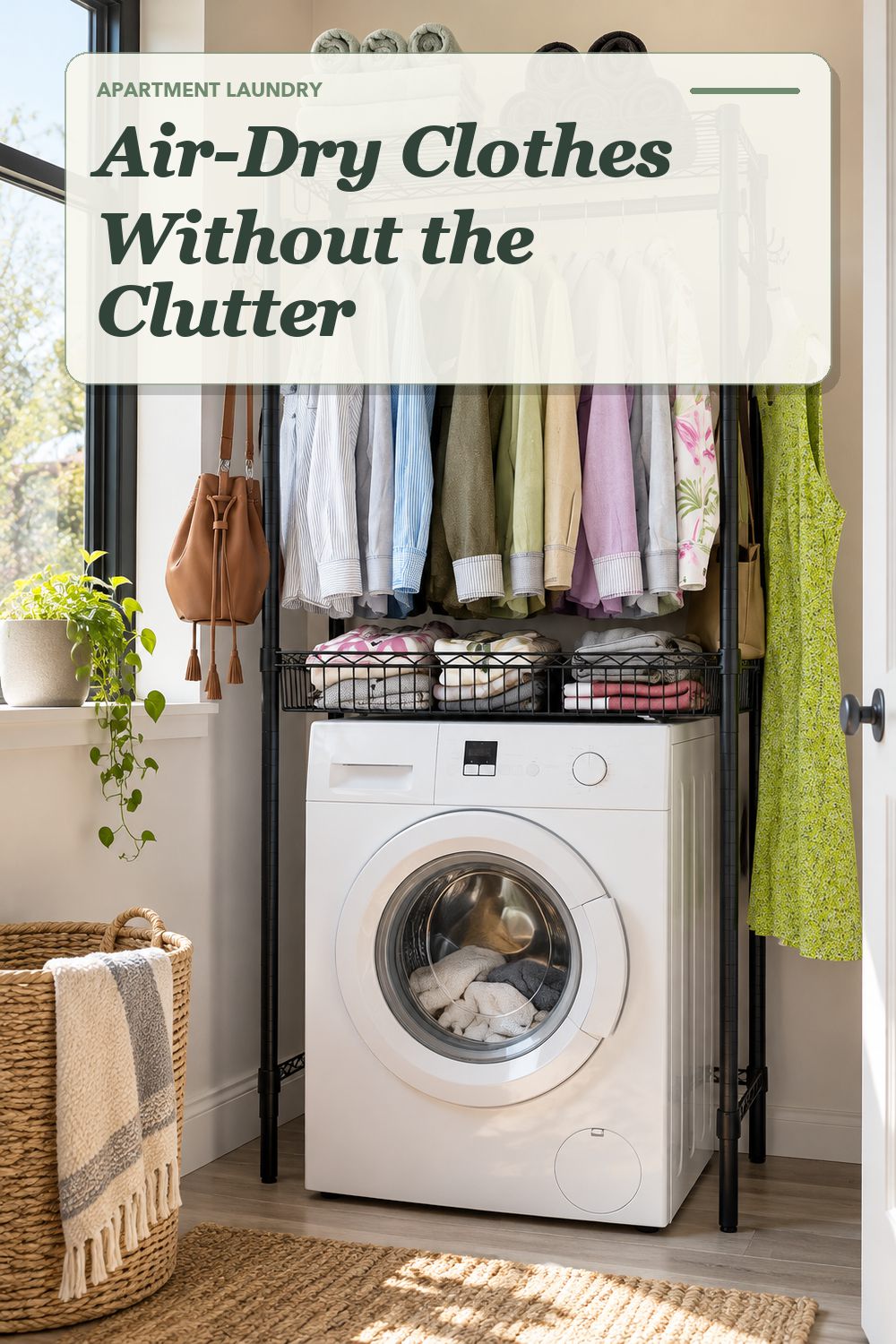 A wall-mounted drying rack used in a compact apartment laundry area with soft natural light and practical everyday styling.
