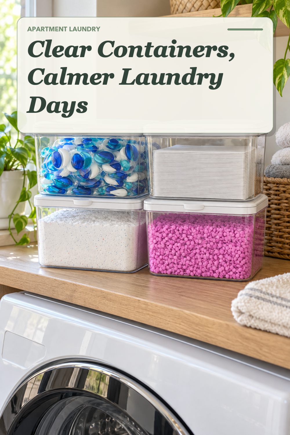 A laundry supply container set used in a compact apartment laundry area with soft natural light and practical everyday styling.