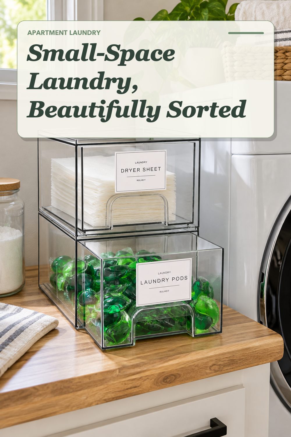 A home decor accent used in a compact apartment laundry area with soft natural light and practical everyday styling.