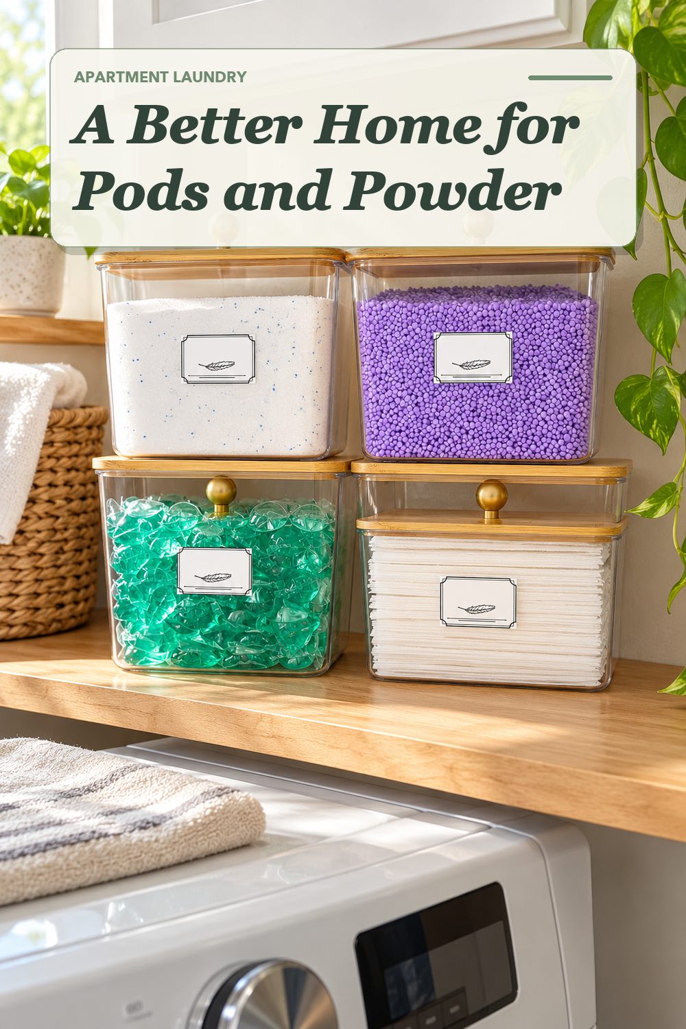 A laundry supply container set used in a compact apartment laundry area with soft natural light and practical everyday styling.