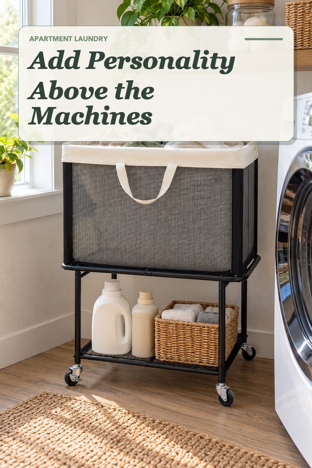 A Southwestern wall art used in a compact apartment laundry area with soft natural light and practical everyday styling.