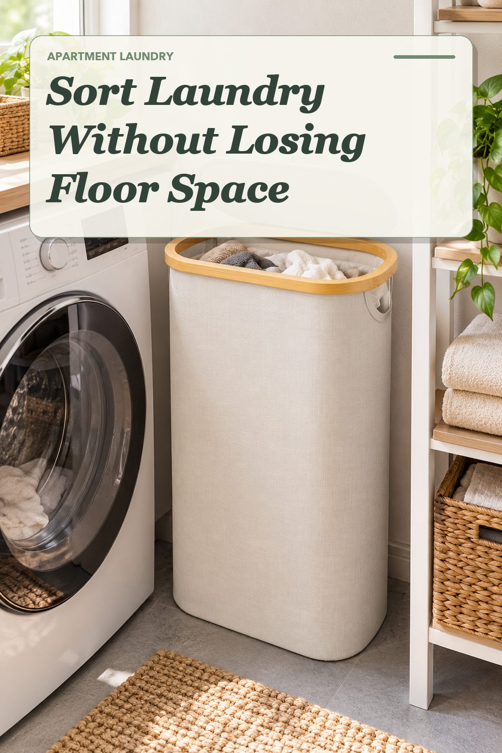 A space-saving laundry hamper used in a compact apartment laundry area with soft natural light and practical everyday styling.