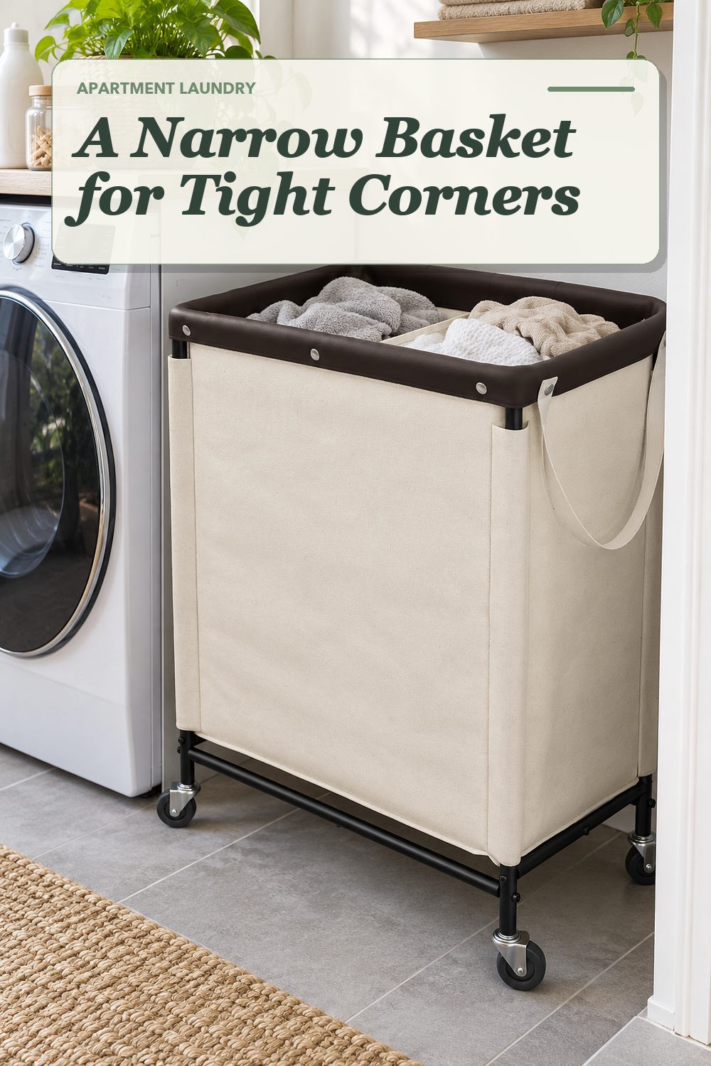 A space-saving laundry hamper used in a compact apartment laundry area with soft natural light and practical everyday styling.