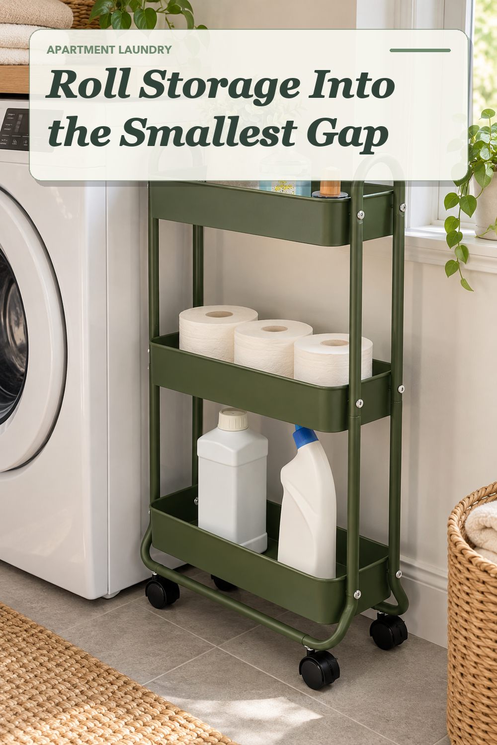 A slim rolling utility cart used in a compact apartment laundry area with soft natural light and practical everyday styling.