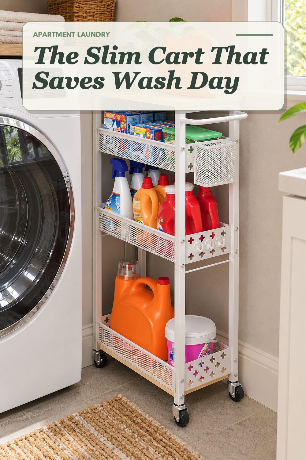A slim rolling utility cart used in a compact apartment laundry area with soft natural light and practical everyday styling.
