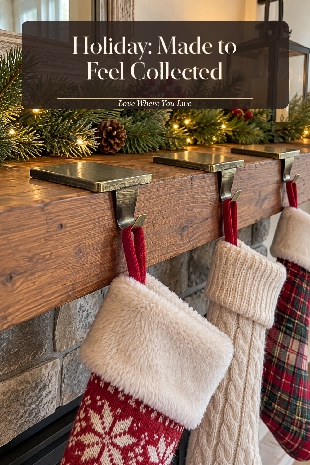 A realistic stocking holder in use in a naturally lit living room fireplace, photographed in a believable lived-in home.