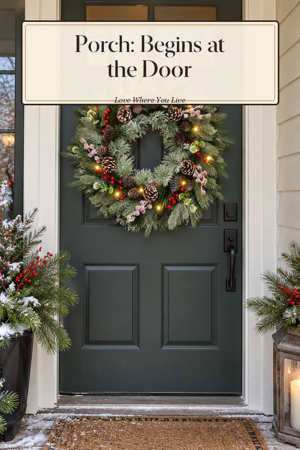 A realistic Christmas wreath in use in a naturally lit front porch, photographed in a believable lived-in home.