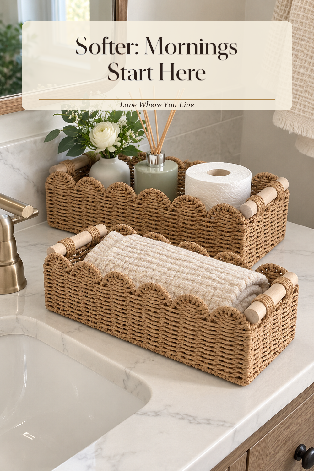 A realistic bathroom organizer in use in a naturally lit bathroom, photographed in a believable lived-in home.