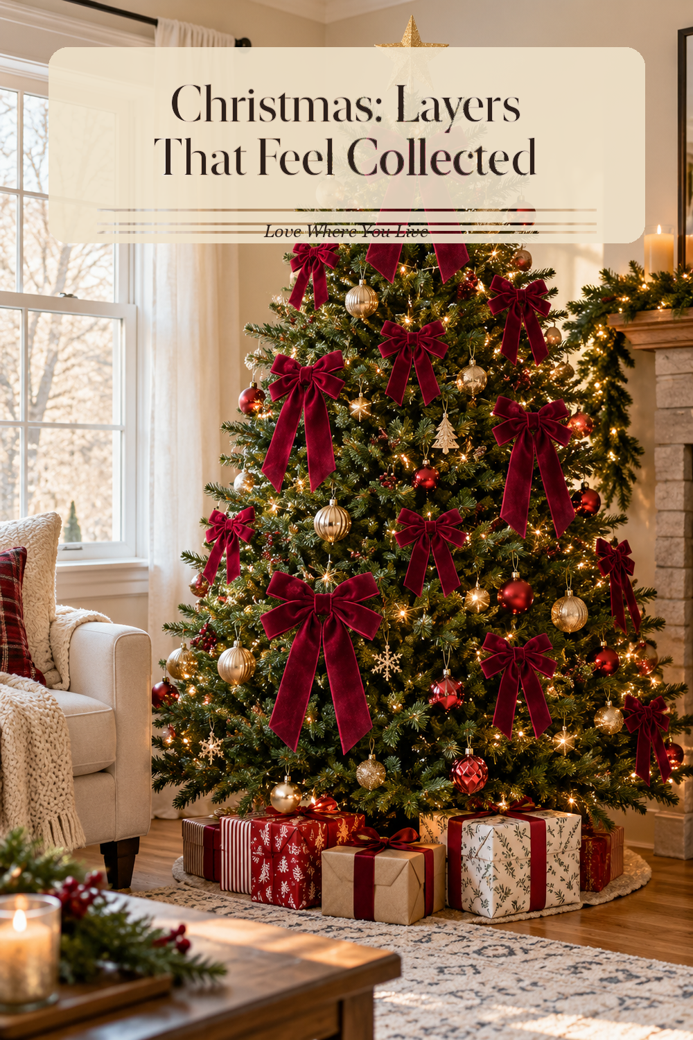 A realistic Christmas ornaments in use in a naturally lit living room Christmas tree, photographed in a believable lived-in home.