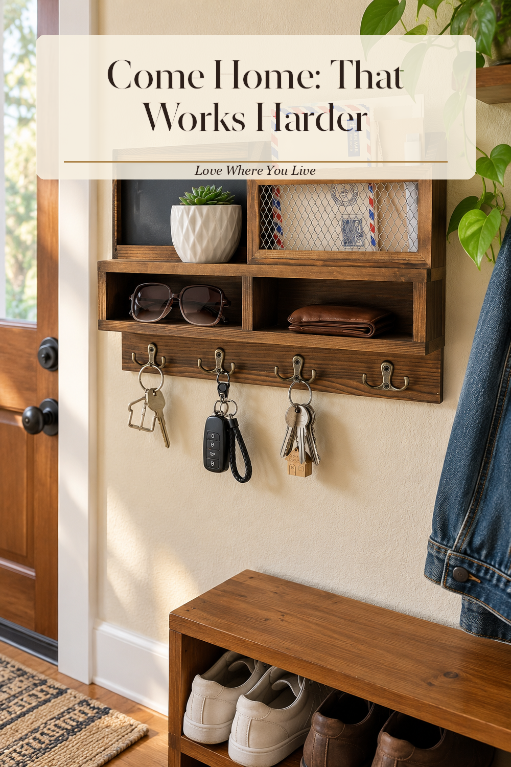 A realistic key and mail organizer in use in a naturally lit entryway, photographed in a believable lived-in home.