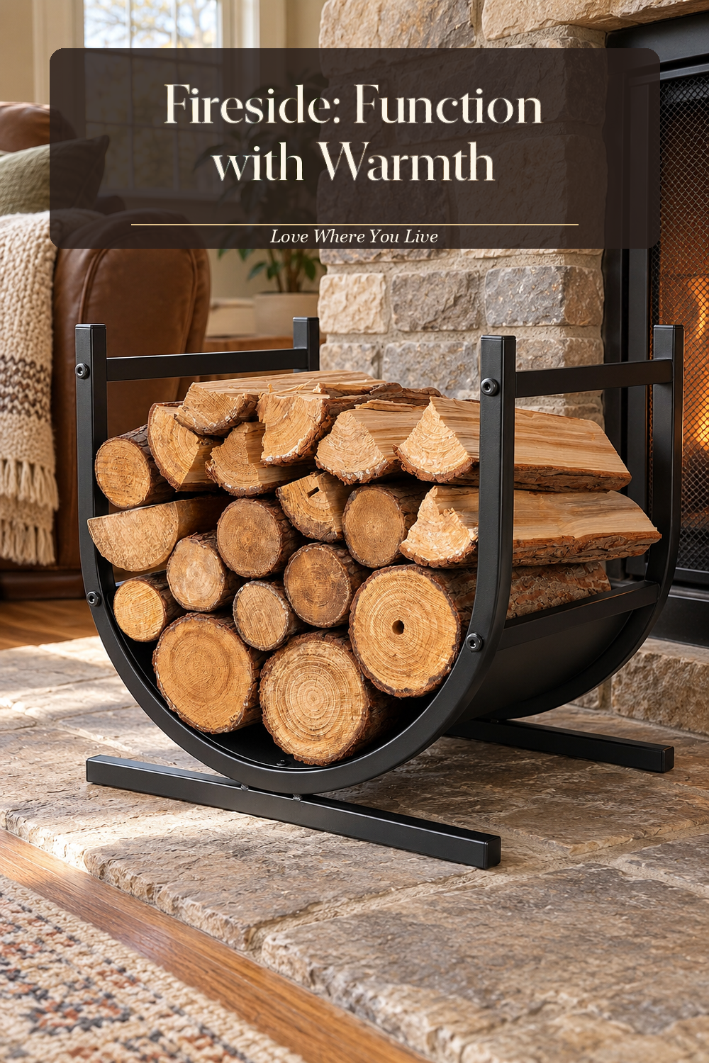A realistic firewood holder in use in a naturally lit living room hearth, photographed in a believable lived-in home.