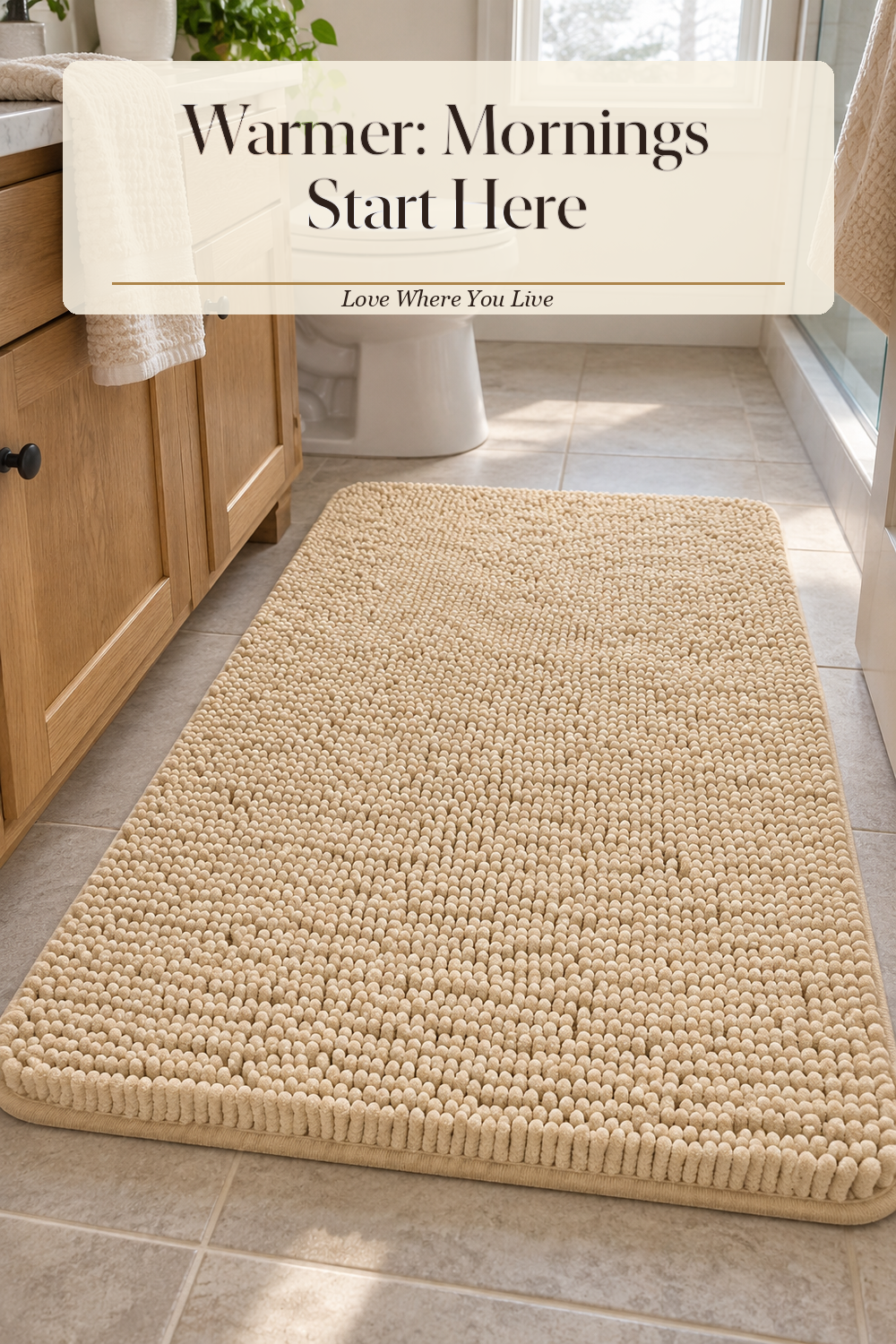 A realistic bath rug in use in a naturally lit bathroom, photographed in a believable lived-in home.