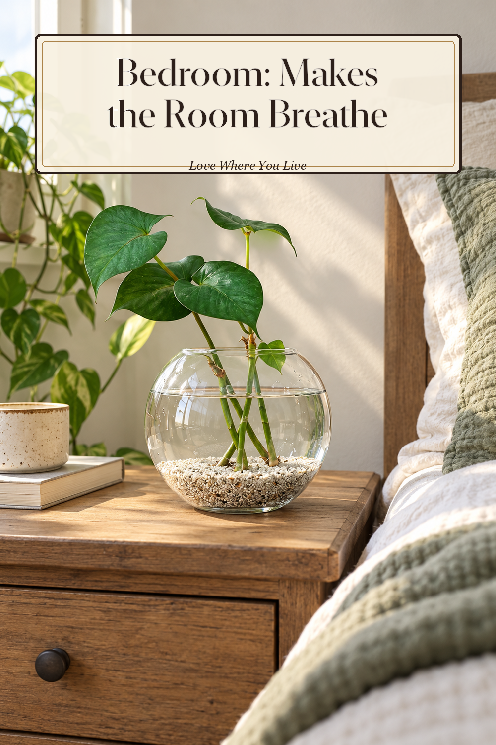 A realistic propagation vase in use in a naturally lit bedroom, photographed in a believable lived-in home.