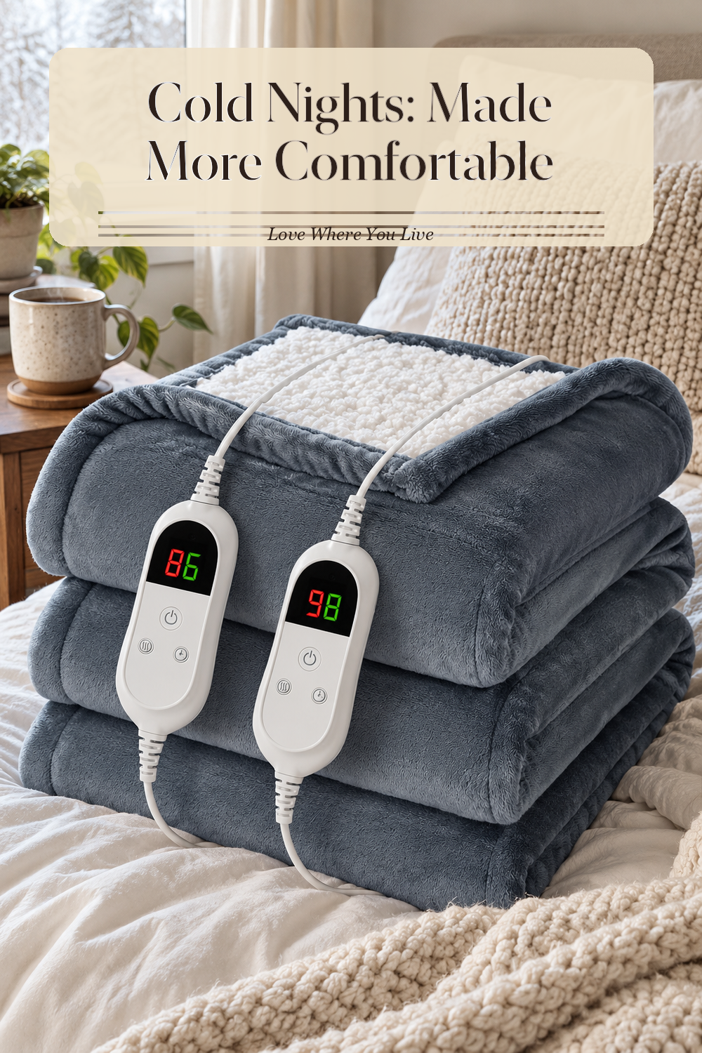A realistic heated blanket in use in a naturally lit bedroom or living room, photographed in a believable lived-in home.
