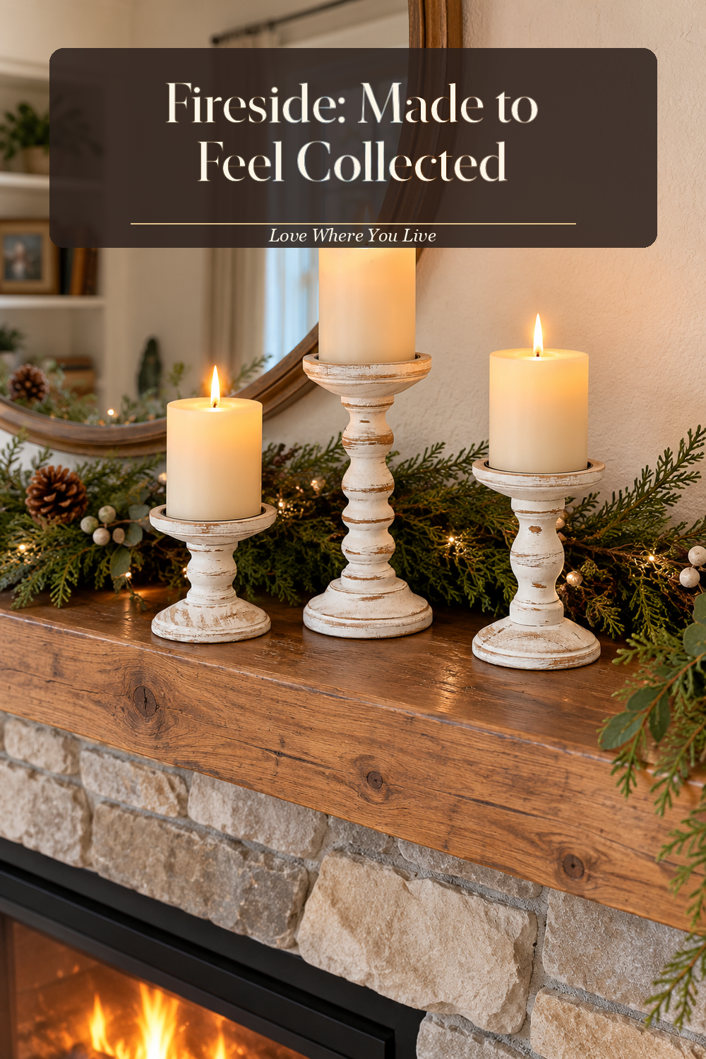 A realistic candle holder in use in a naturally lit living room fireplace, photographed in a believable lived-in home.