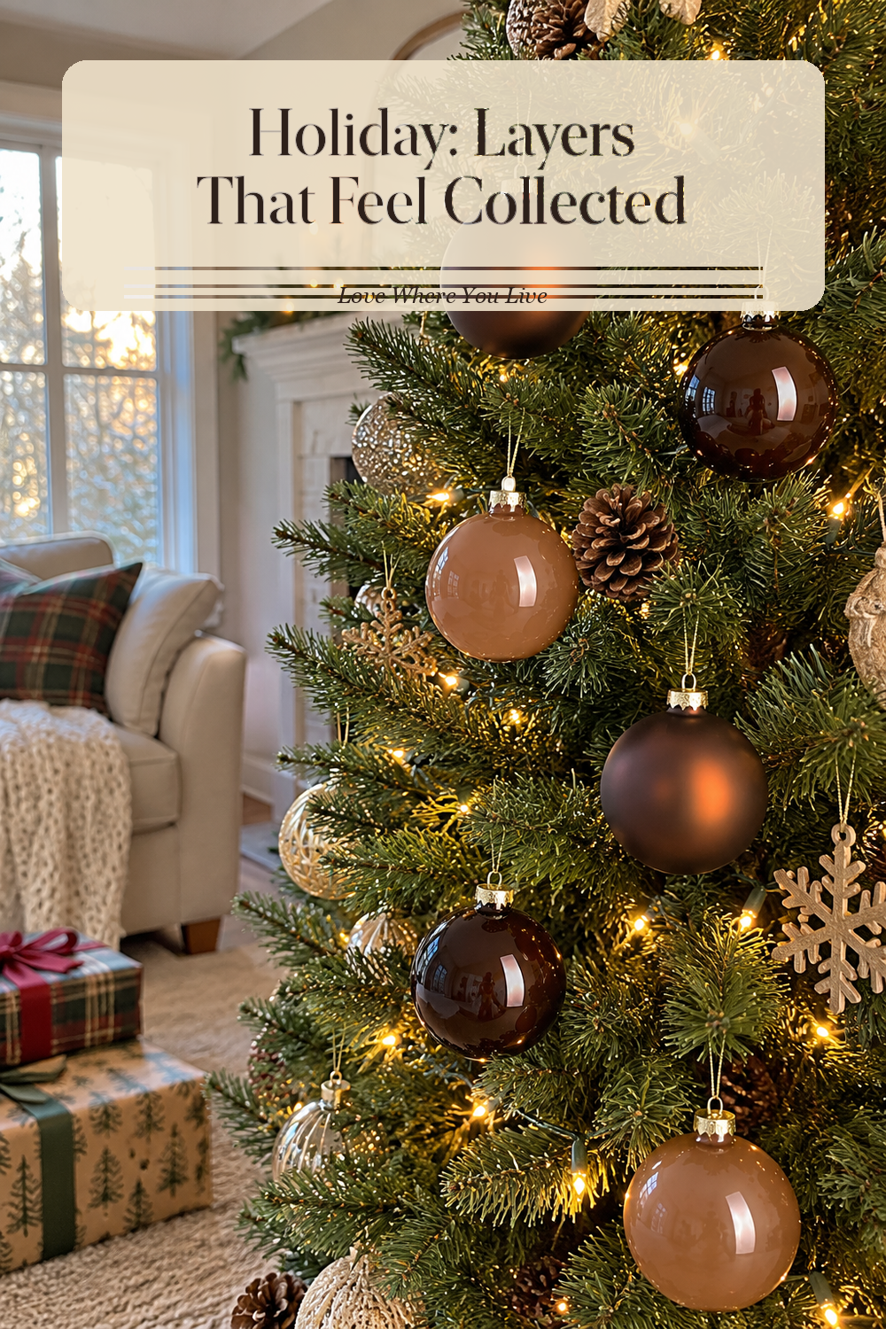 A realistic Christmas ornaments in use in a naturally lit living room Christmas tree, photographed in a believable lived-in home.