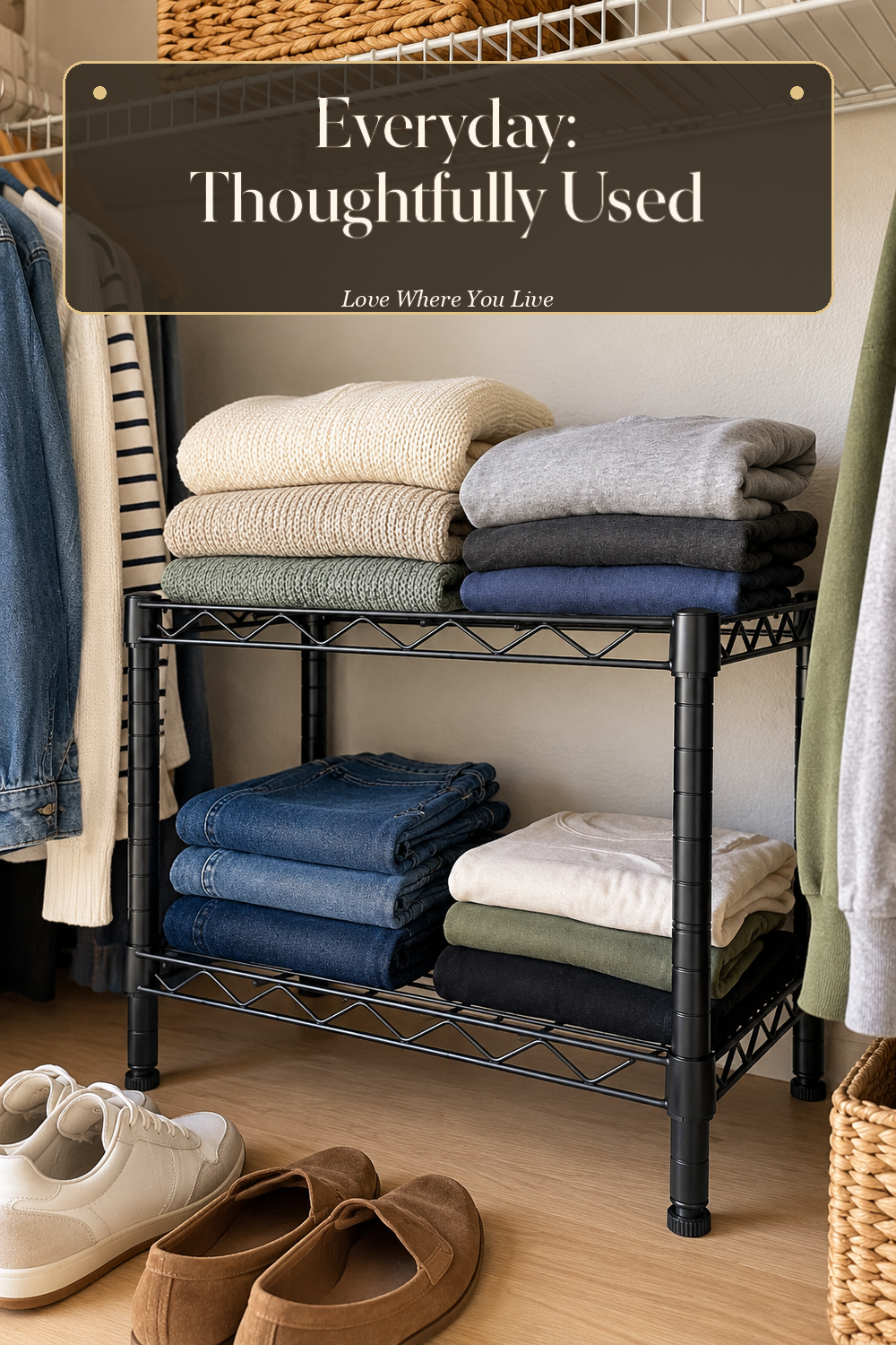 A realistic storage shelf in use in a naturally lit bedroom closet, photographed in a believable lived-in home.