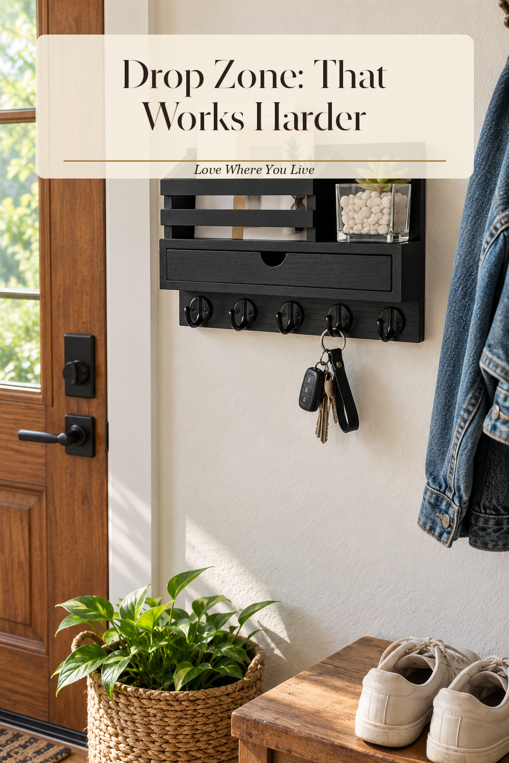 A realistic key and mail organizer in use in a naturally lit entryway, photographed in a believable lived-in home.