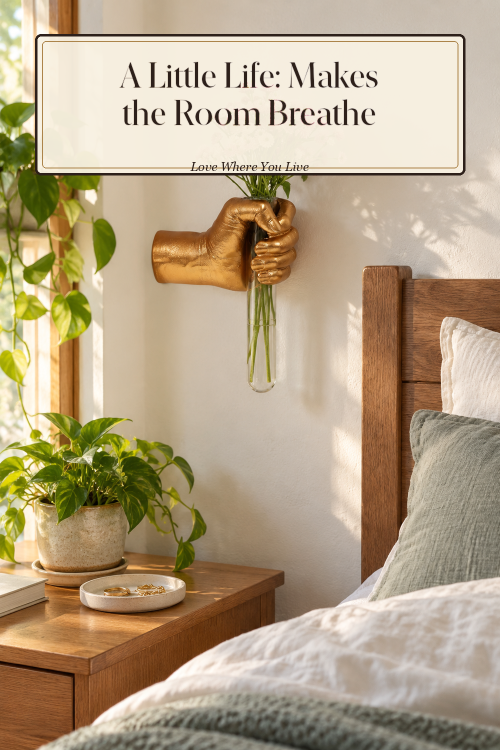 A realistic gold wall sculptures in use in a naturally lit bedroom, photographed in a believable lived-in home.
