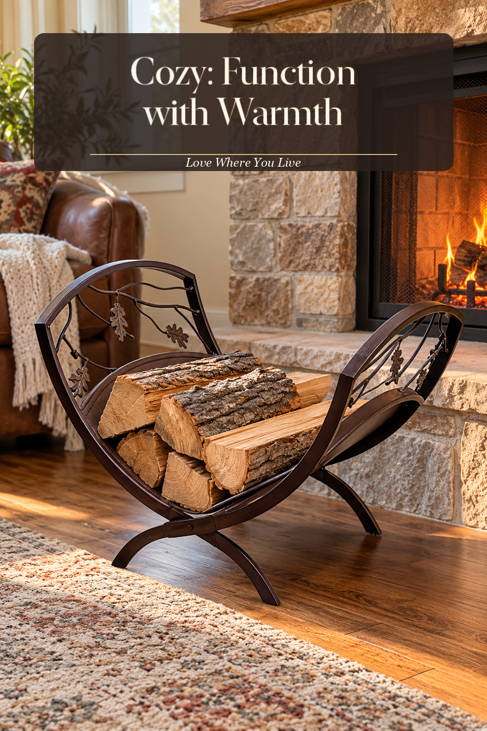 A realistic firewood holder in use in a naturally lit living room hearth, photographed in a believable lived-in home.