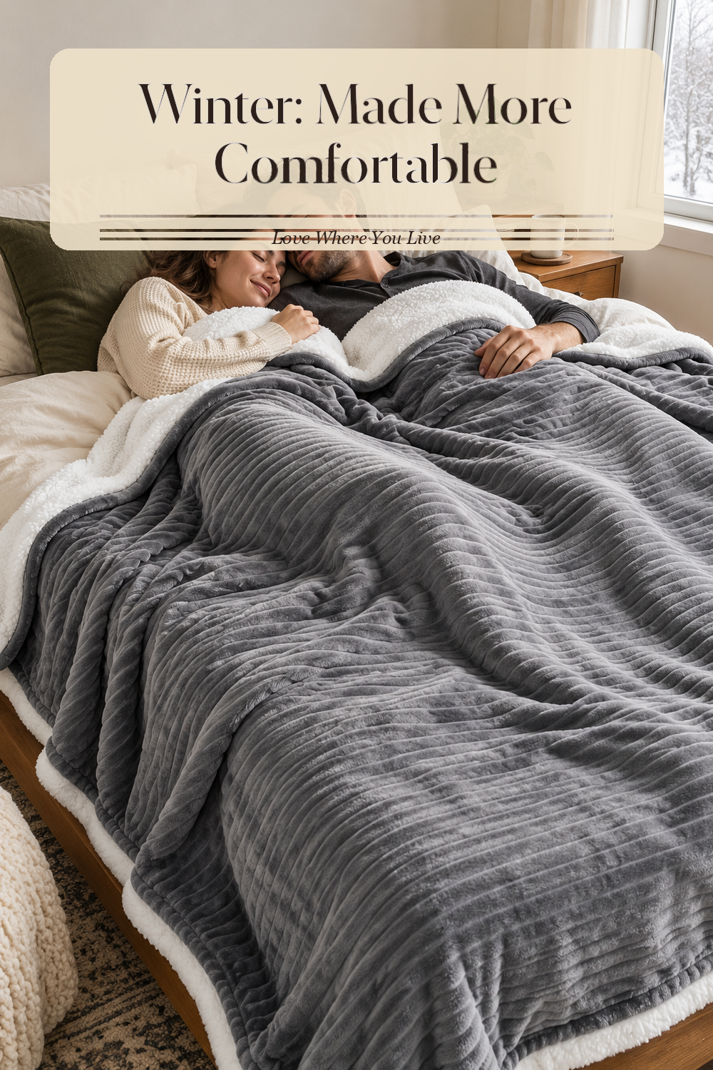 A realistic heated blanket in use in a naturally lit bedroom or living room, photographed in a believable lived-in home.