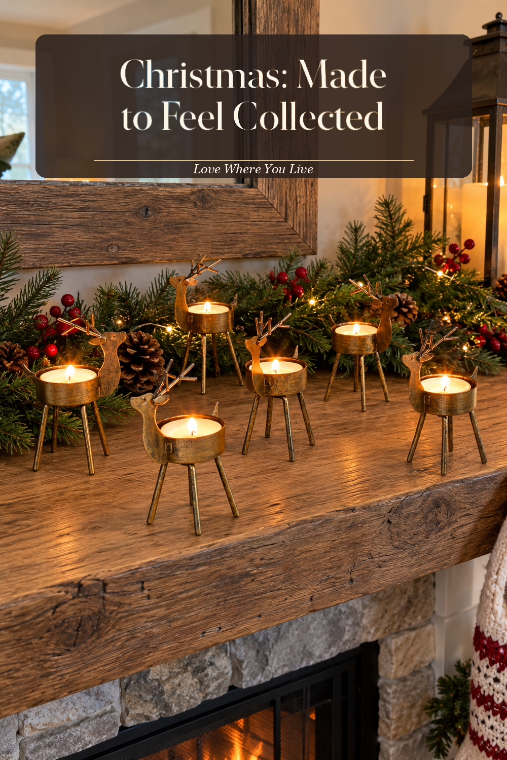 A realistic candle holder in use in a naturally lit living room fireplace, photographed in a believable lived-in home.