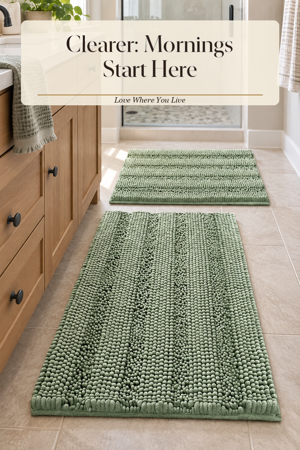 A realistic bath rug in use in a naturally lit bathroom, photographed in a believable lived-in home.