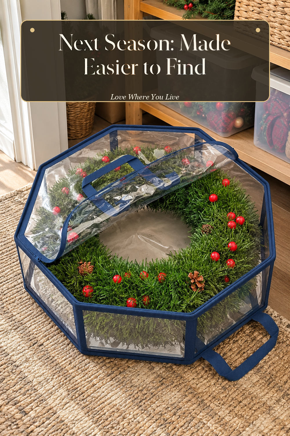 A realistic Christmas wreath in use in a naturally lit storage closet, photographed in a believable lived-in home.