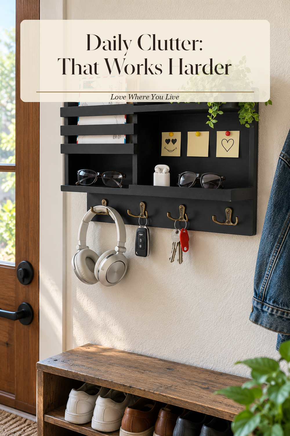 A realistic key and mail organizer in use in a naturally lit entryway, photographed in a believable lived-in home.