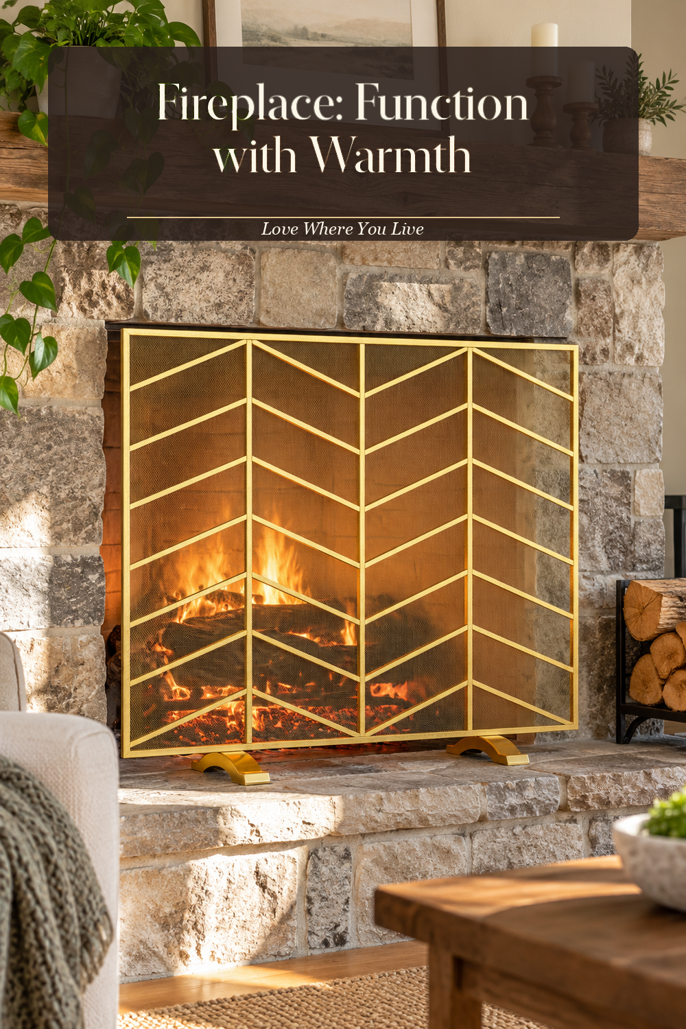 A realistic fireplace screen in use in a naturally lit living room hearth, photographed in a believable lived-in home.