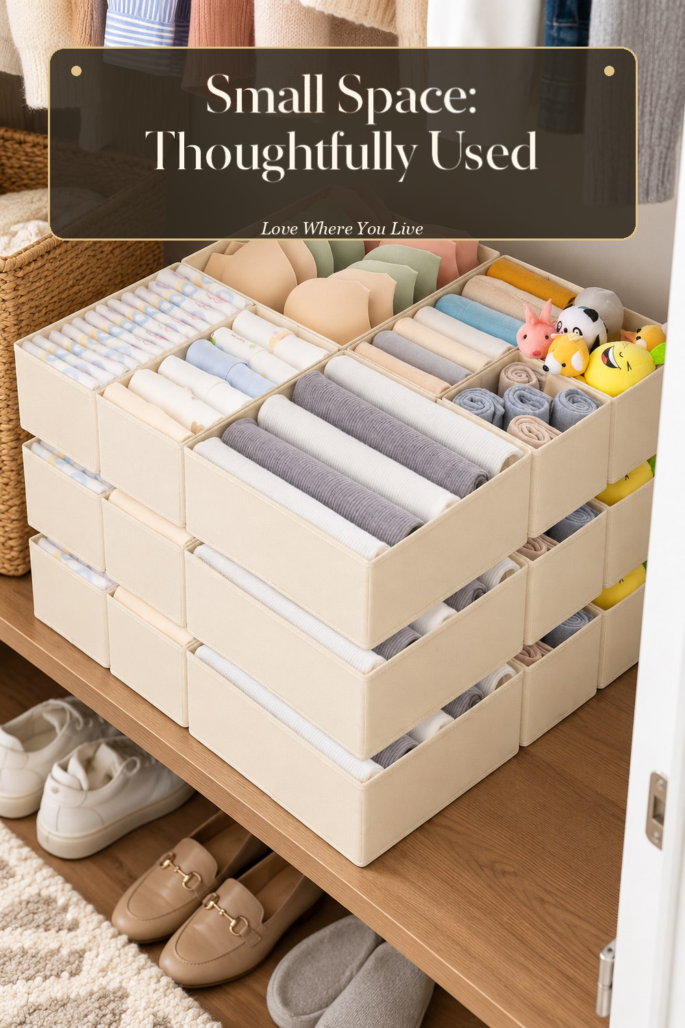 A realistic drawer organizer in use in a naturally lit bedroom closet, photographed in a believable lived-in home.