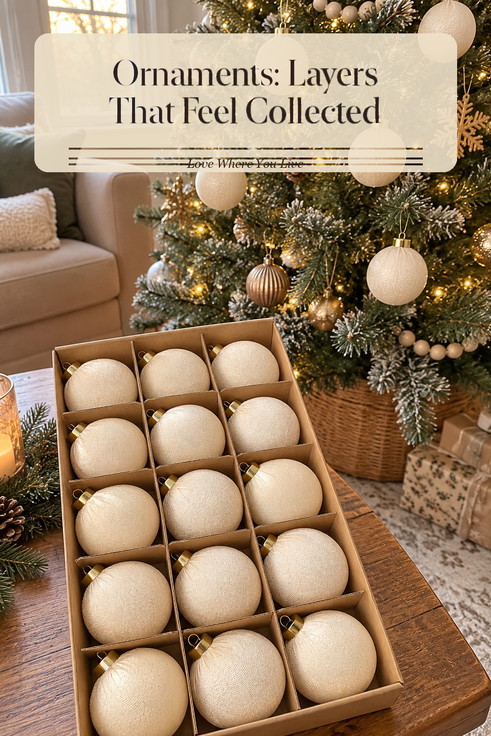 A realistic Christmas ornaments in use in a naturally lit living room Christmas tree, photographed in a believable lived-in home.
