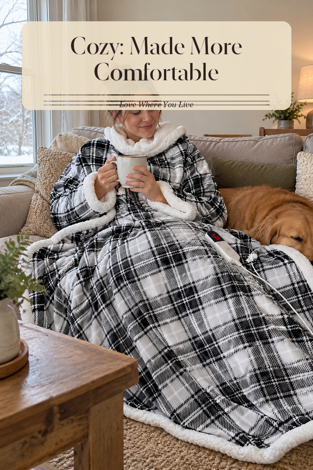 A realistic heated blanket in use in a naturally lit bedroom or living room, photographed in a believable lived-in home.