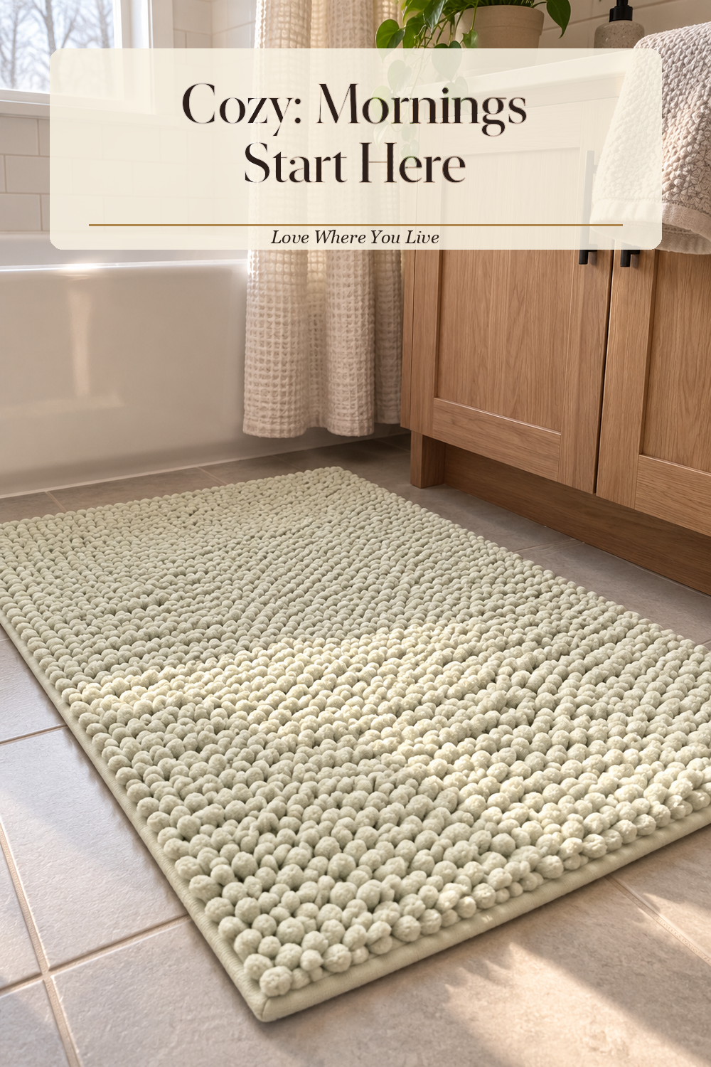 A realistic bath rug in use in a naturally lit bathroom, photographed in a believable lived-in home.