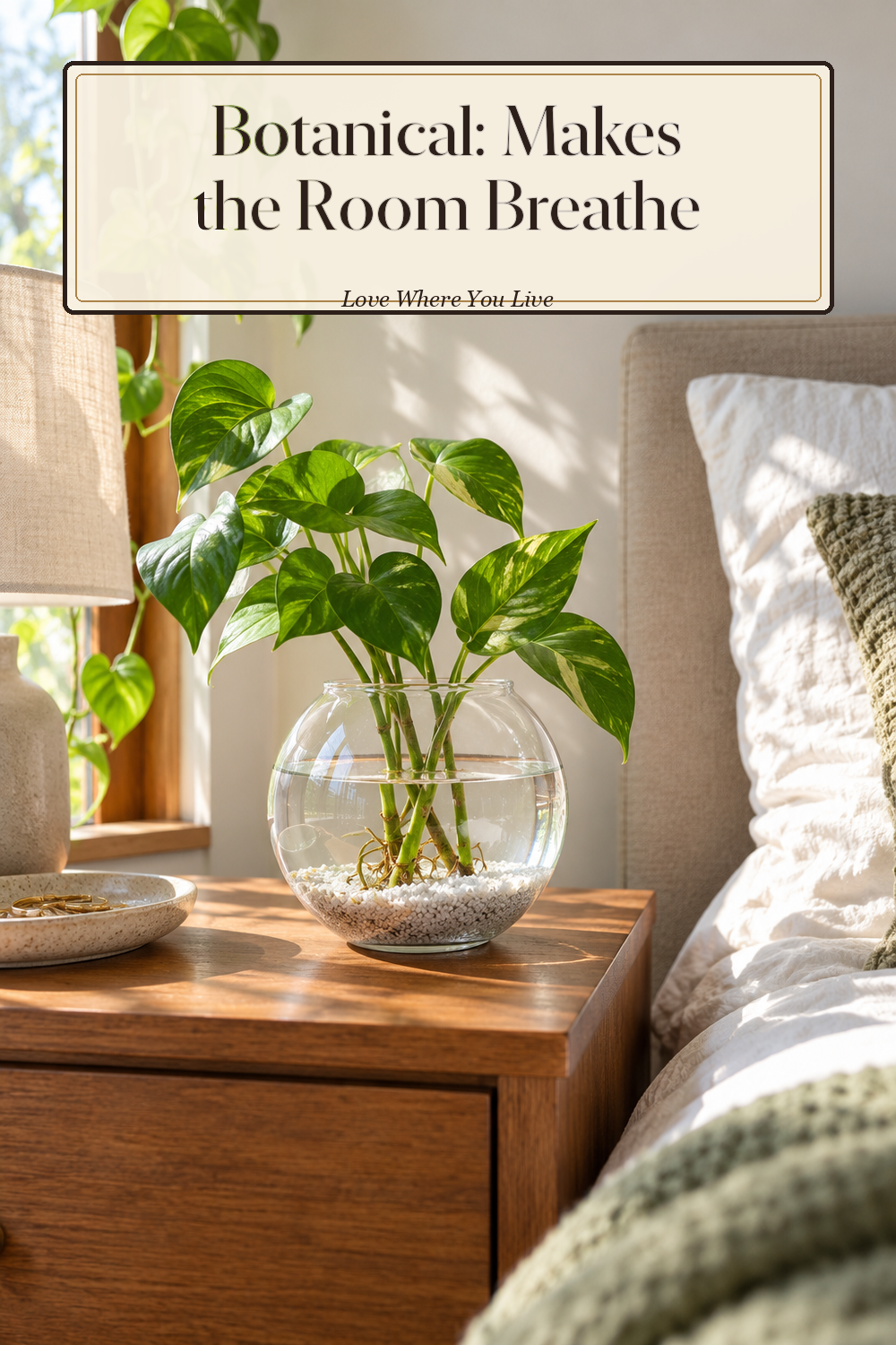 A realistic propagation vase in use in a naturally lit bedroom, photographed in a believable lived-in home.