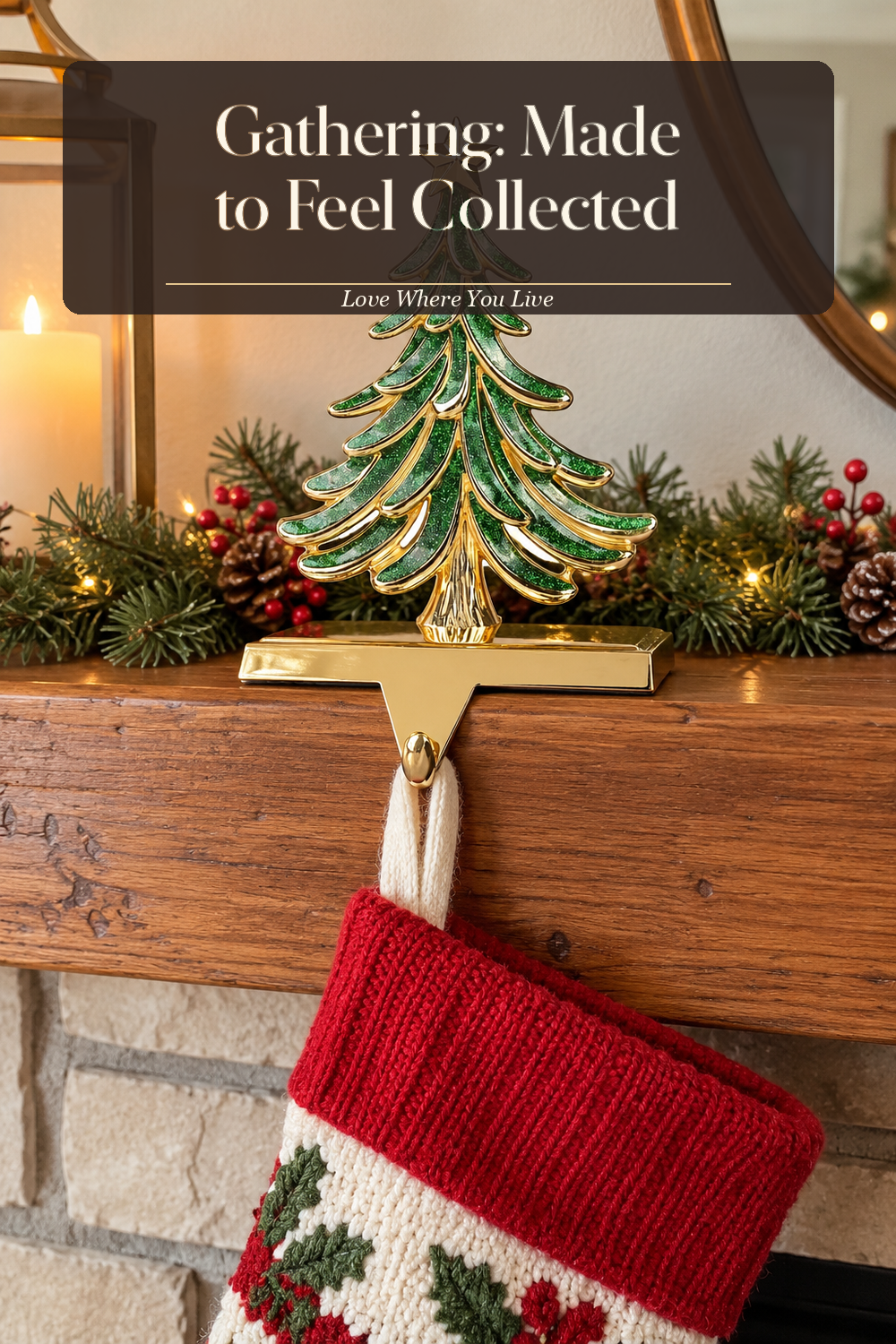 A realistic stocking holder in use in a naturally lit living room fireplace, photographed in a believable lived-in home.