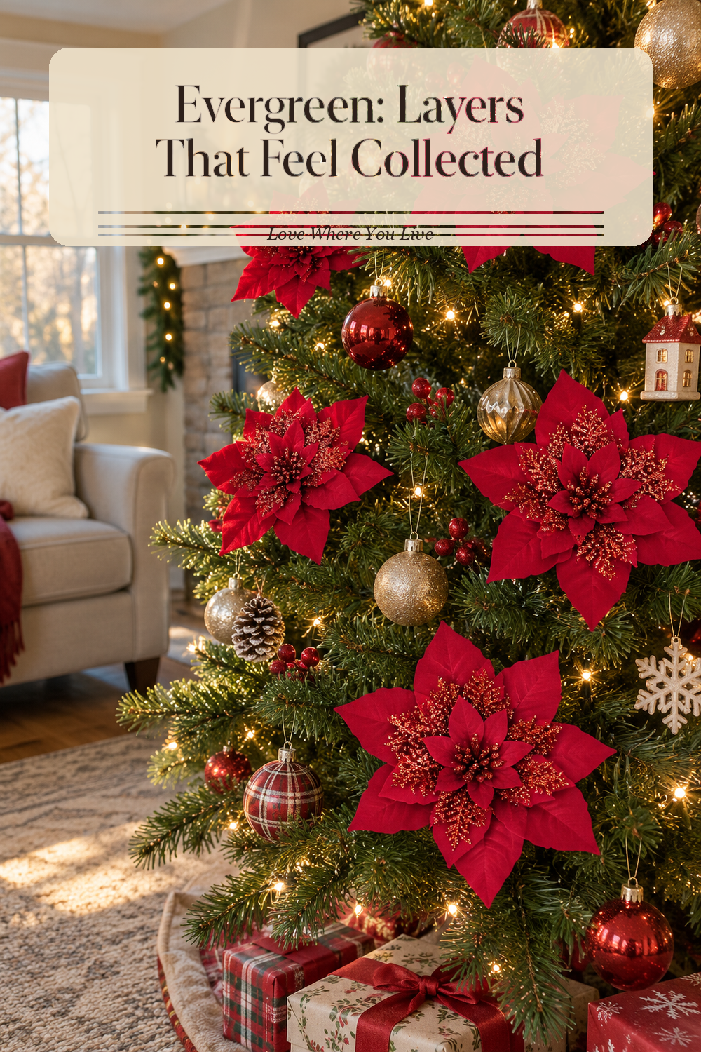 A realistic Christmas ornaments in use in a naturally lit living room Christmas tree, photographed in a believable lived-in home.