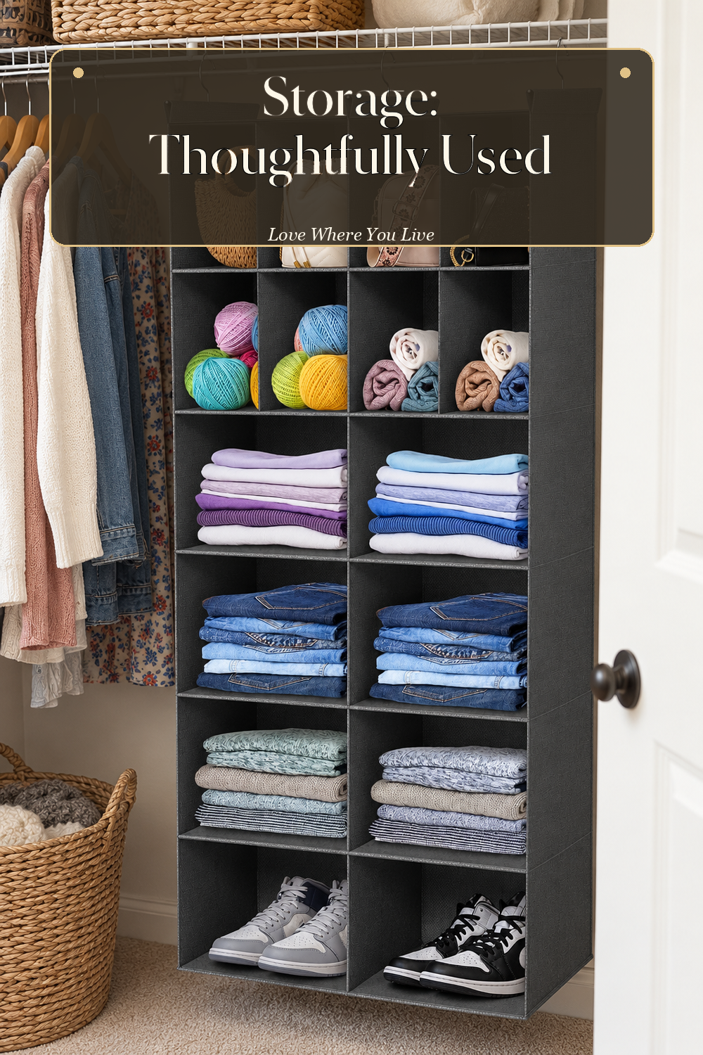 A realistic closet organizer in use in a naturally lit bedroom closet, photographed in a believable lived-in home.