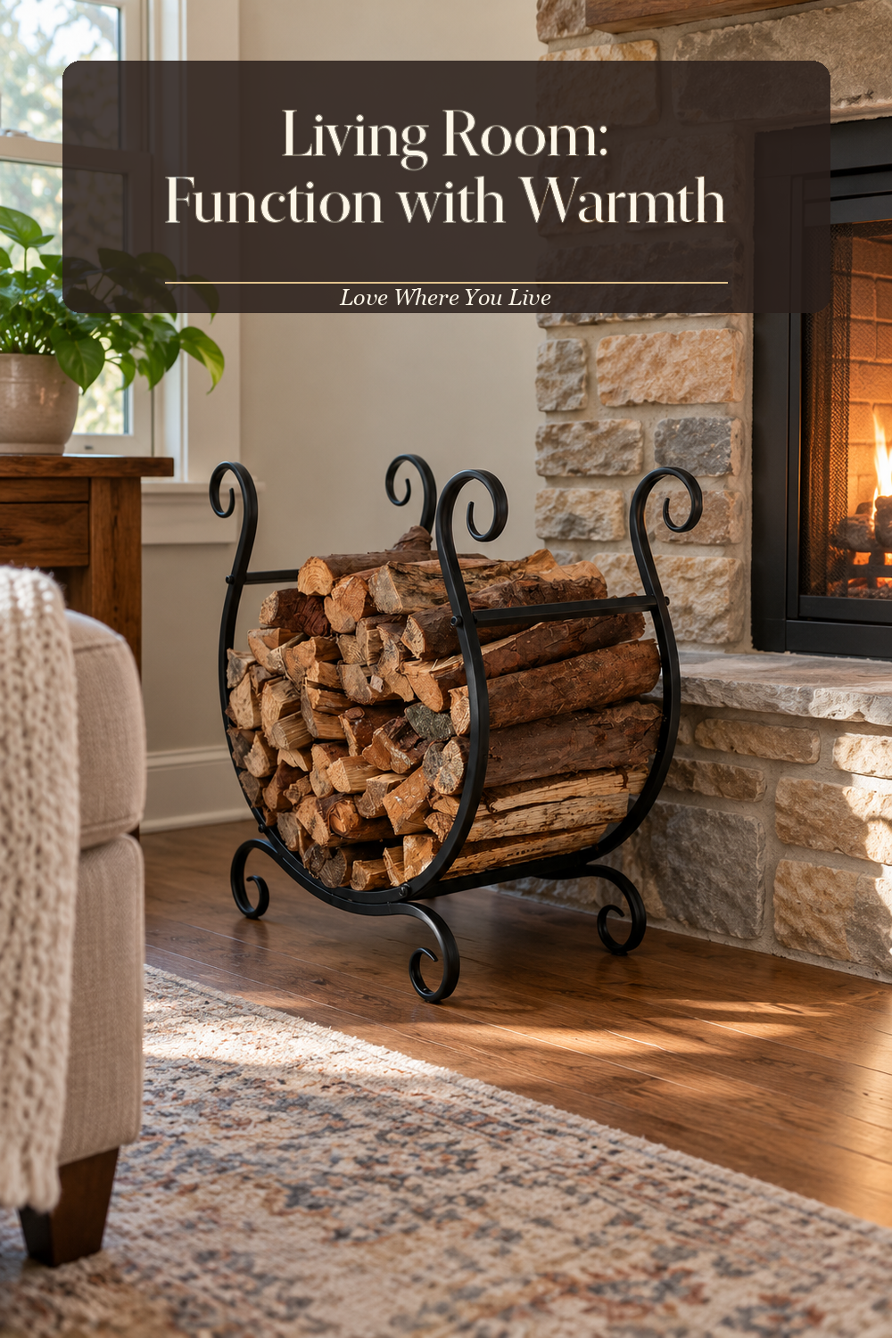 A realistic firewood holder in use in a naturally lit living room hearth, photographed in a believable lived-in home.