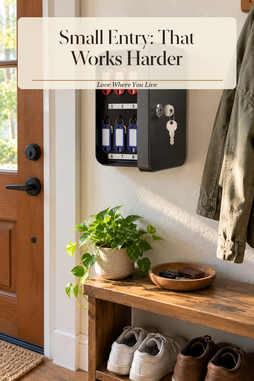 A realistic key and mail organizer in use in a naturally lit entryway, photographed in a believable lived-in home.