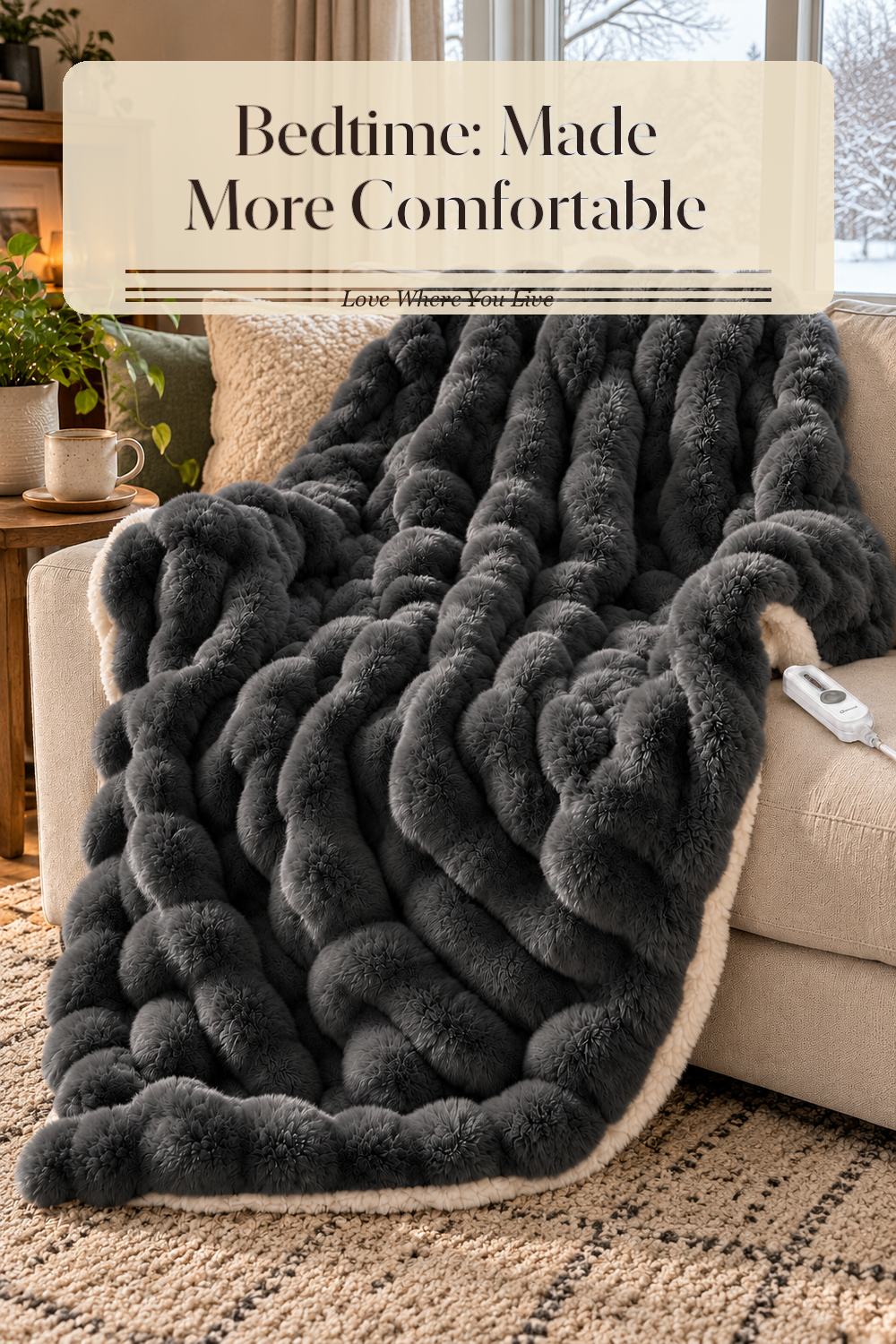 A realistic heated blanket in use in a naturally lit bedroom or living room, photographed in a believable lived-in home.